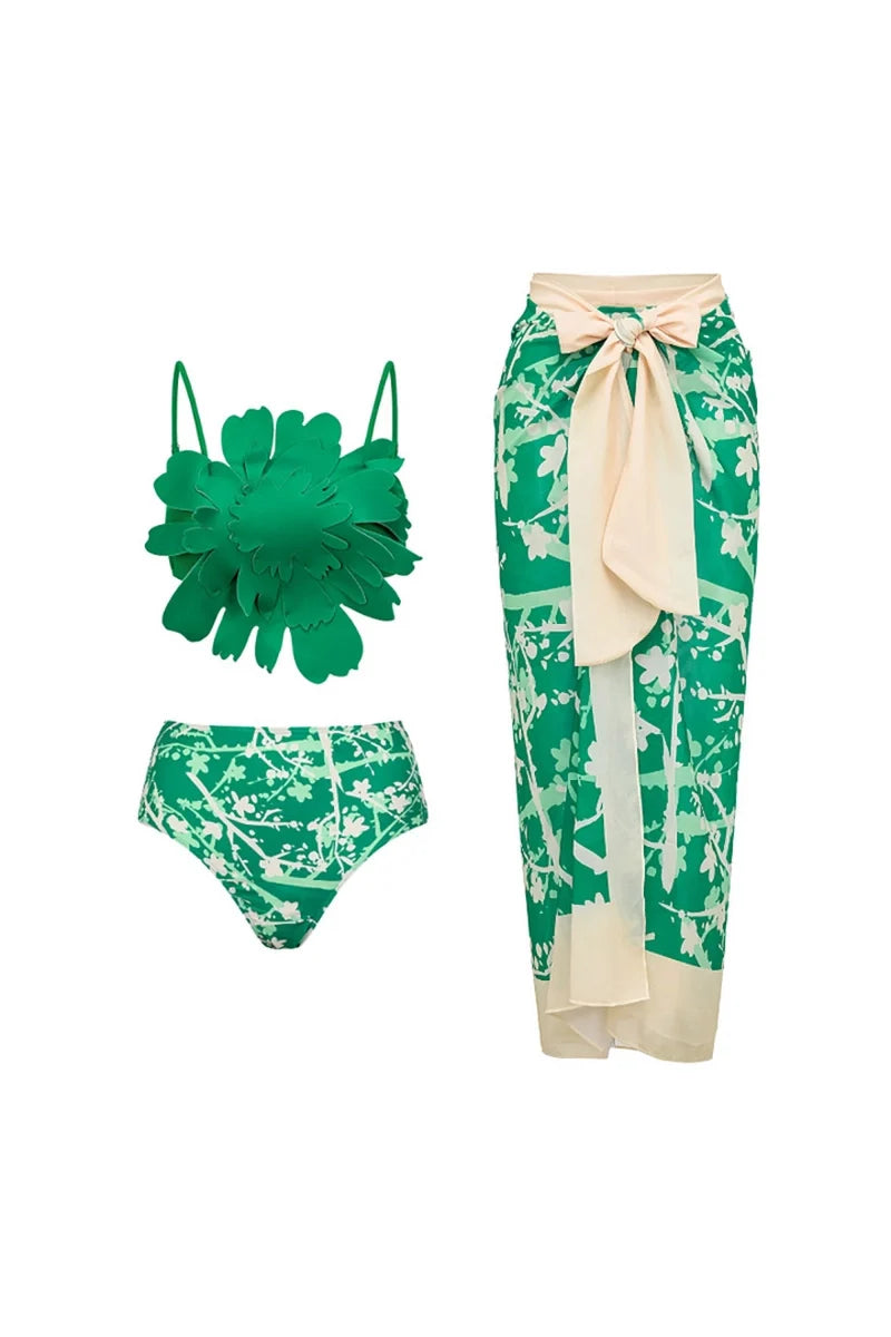 Floral Accent Green Printed Bikini Set-ROVOLE