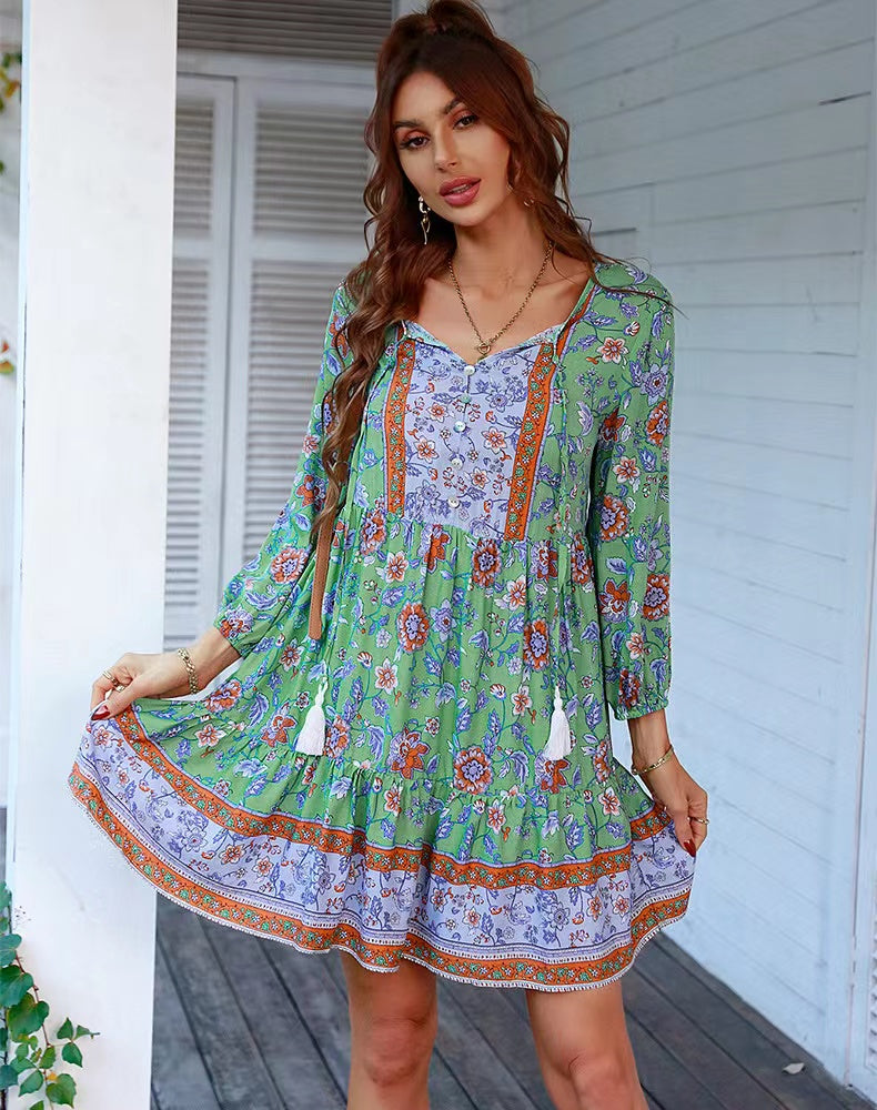 V-neck Printed Casual Bohemian Short Dress-Massicos
