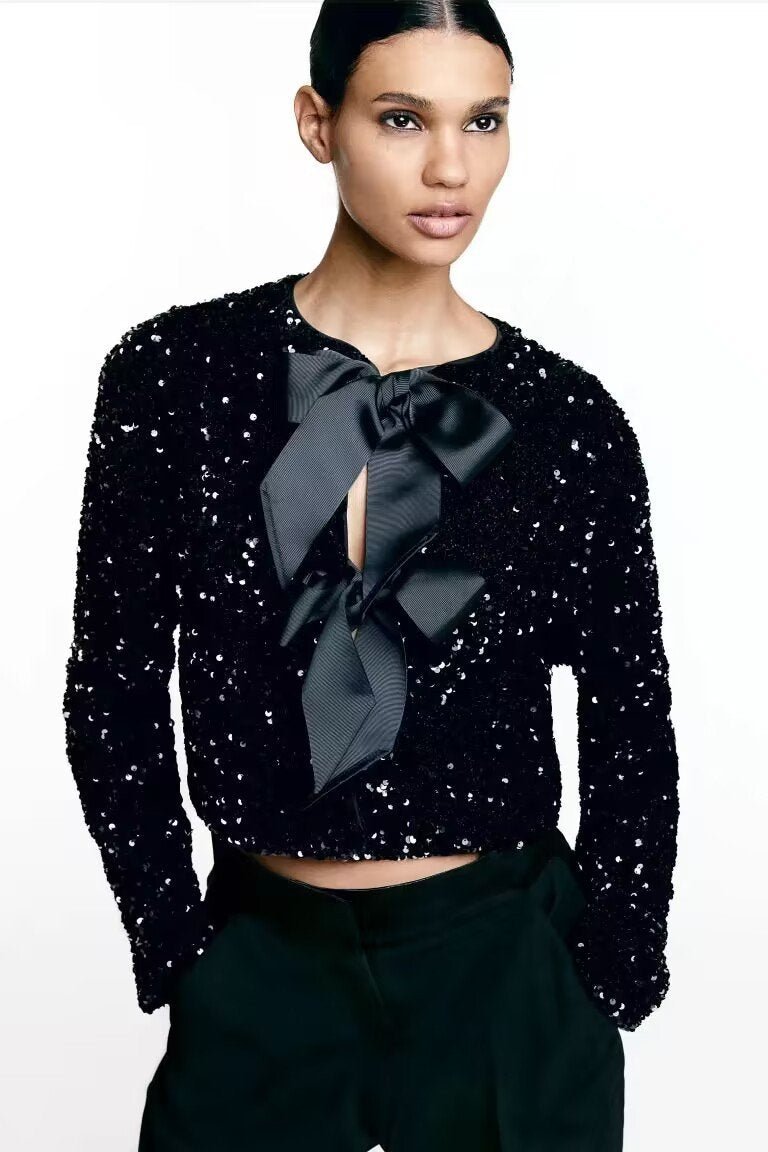 Cara Bow-tie Sequins Coat-ROVOLE