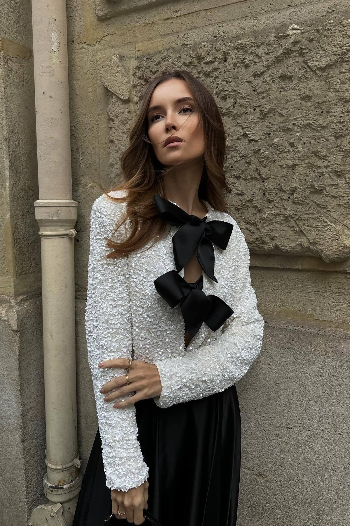 Cara Bow-tie Sequins Coat-ROVOLE