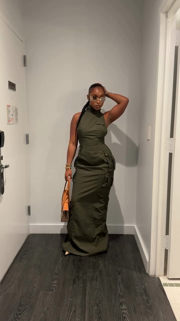 Olive Green Sleeveless High - Neck Maxi Dress-Massicos