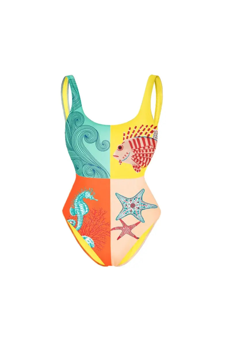 Backless Starfish Print Swimsuit Women-ROVOLE