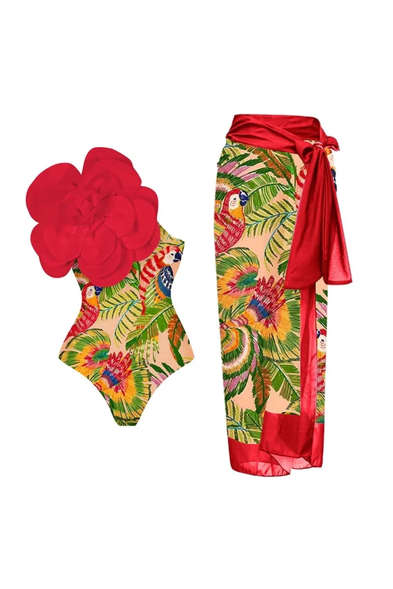3D Red Floral Embellished One-Piece Swimsuit-ROVOLE