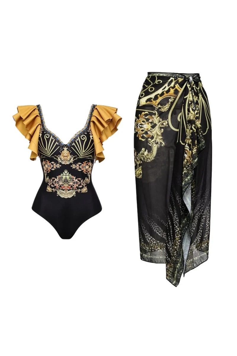 Black Gold Ruffle Swimsuit Set-ROVOLE
