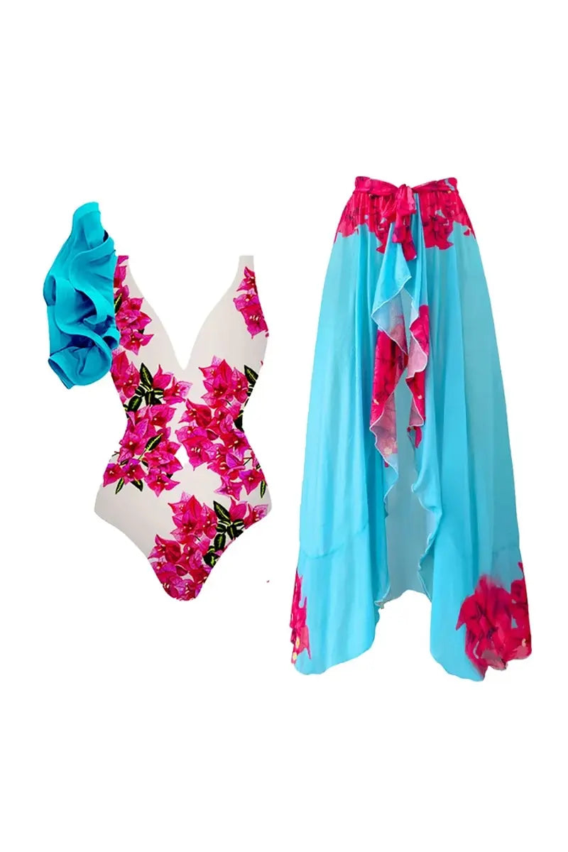 Floral Ruffle One Piece Swimwear Set-ROVOLE