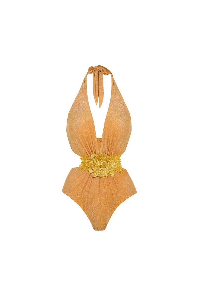 Golden Halter Deep V One-Piece Swimsuit-ROVOLE
