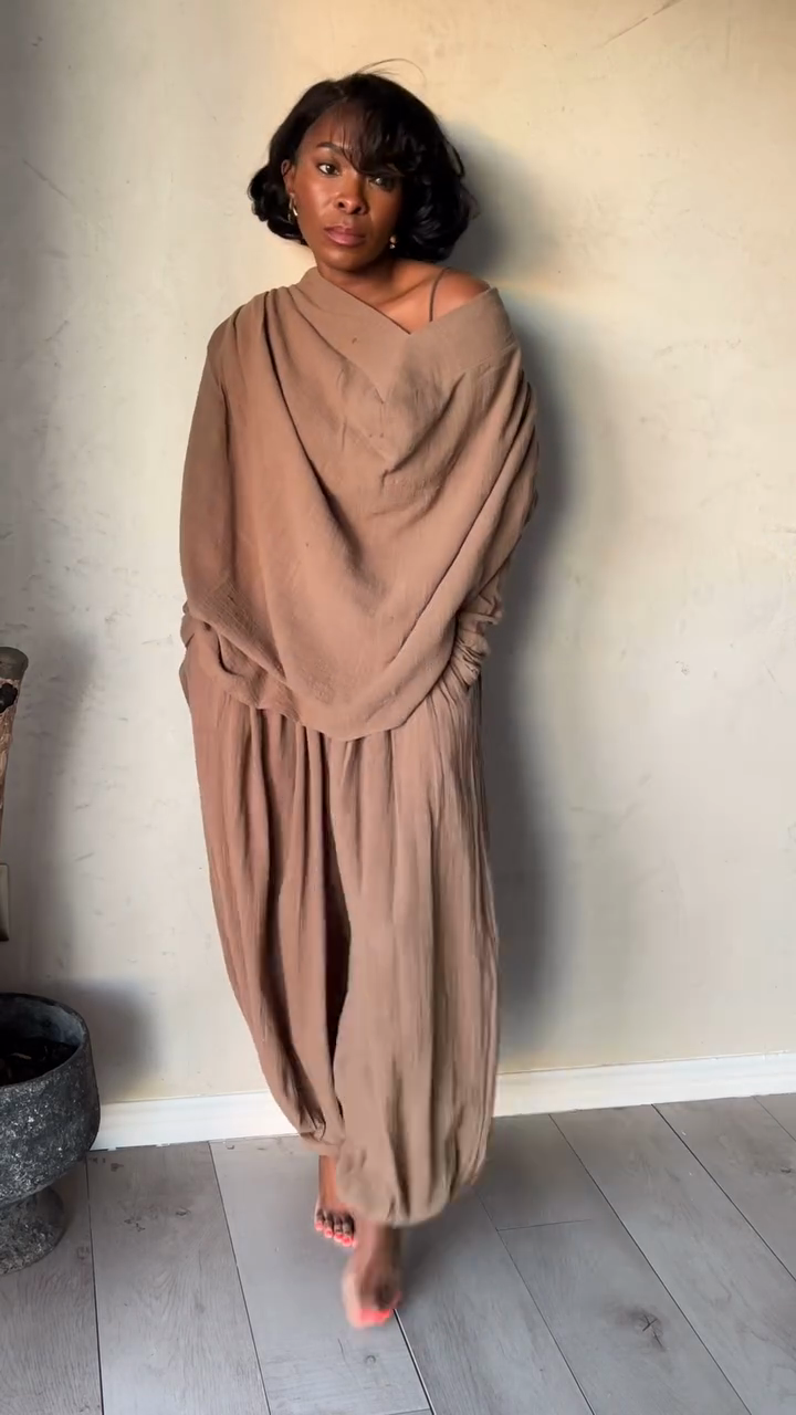 Taupe Off - the - Shoulder Top and Baggy Pants Set-Massicos