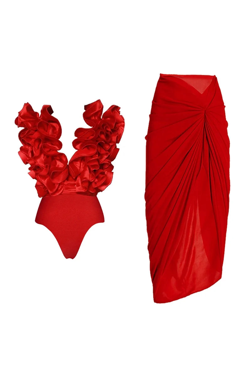 Lace Trim V-Neck Red Swimsuit Set-ROVOLE