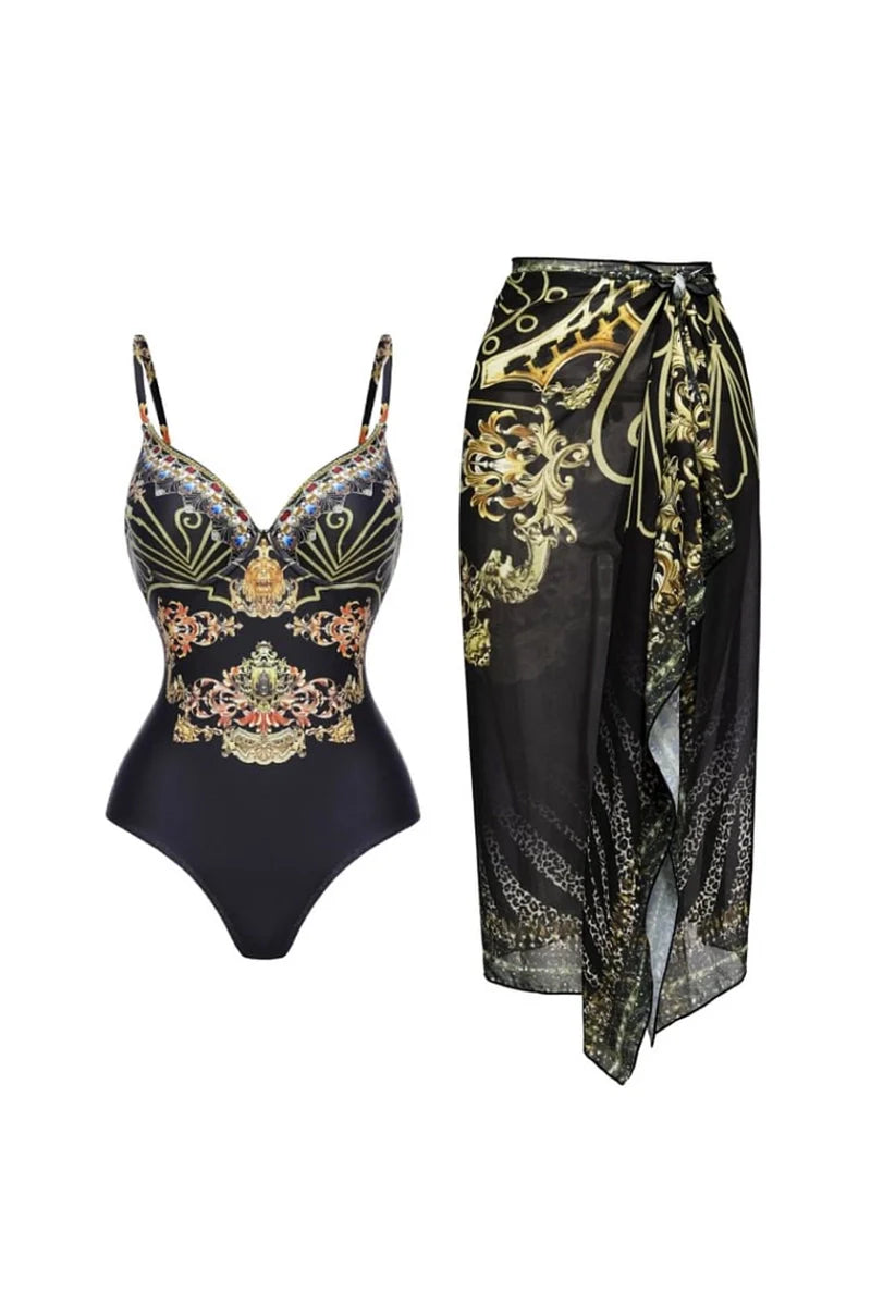 Black Gold Print Strappy One Piece Swimsuit-ROVOLE