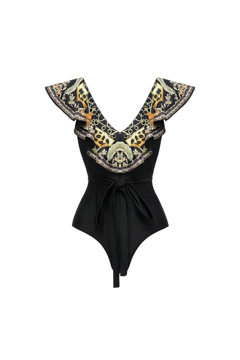 Black Gold Print Ruffle Tie Swimsuit Set-ROVOLE