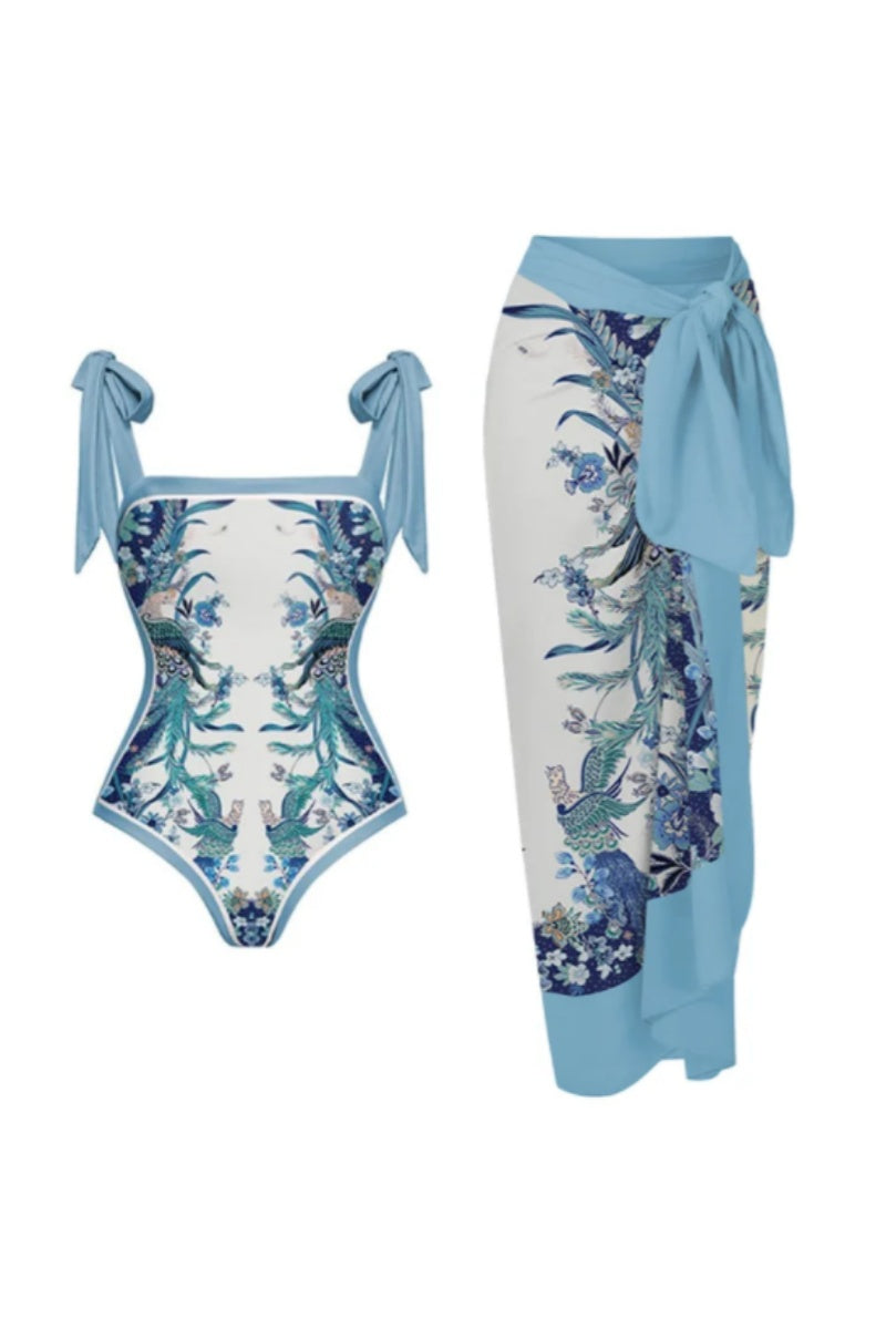 Flaxmaker Blue Reversible Bow Tie Shoulder One-Piece Swimsuit Set-ROVOLE