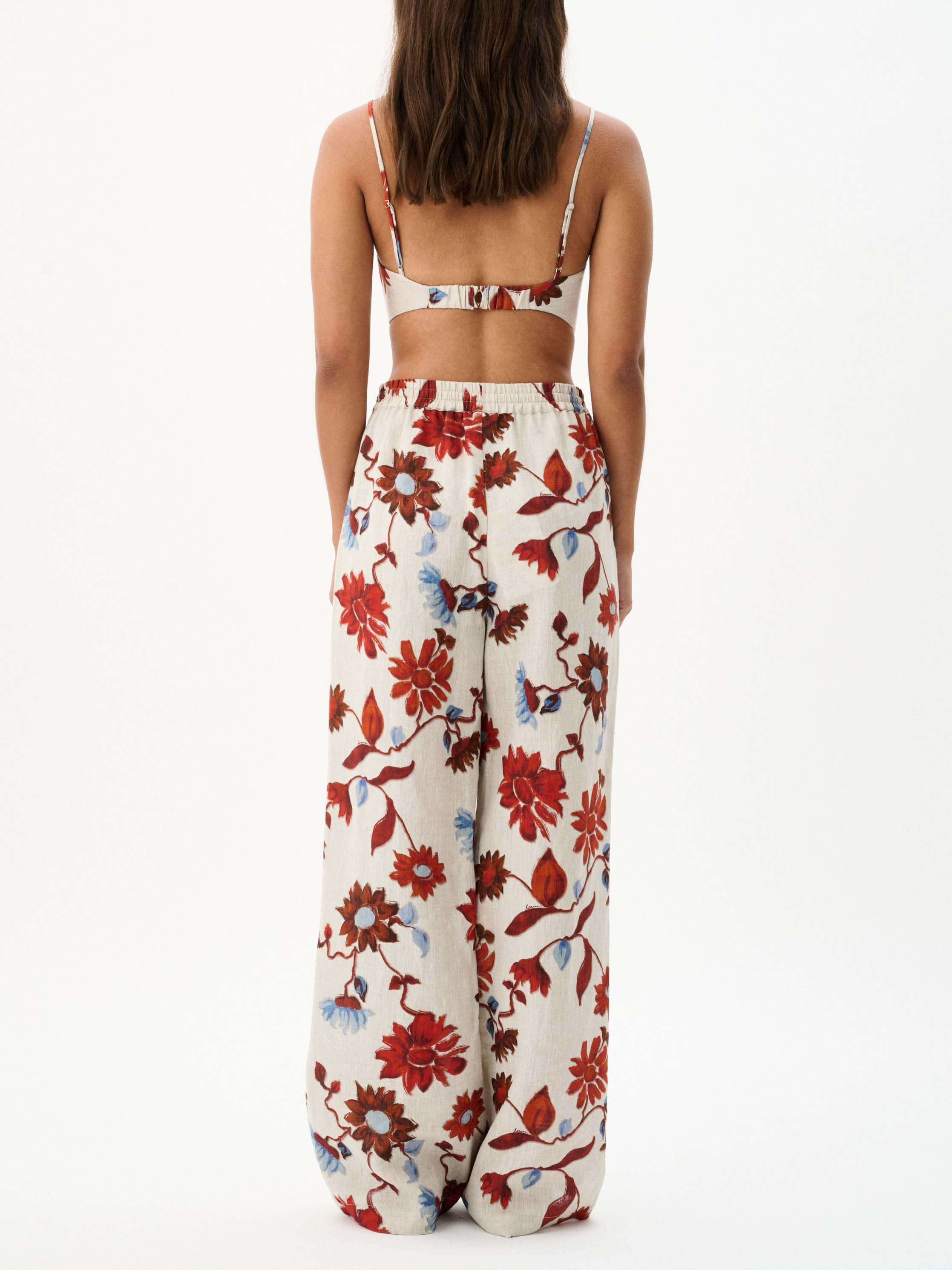 Exquisite Floral Print Lace-Up Wide-Leg Pants-Massicos
