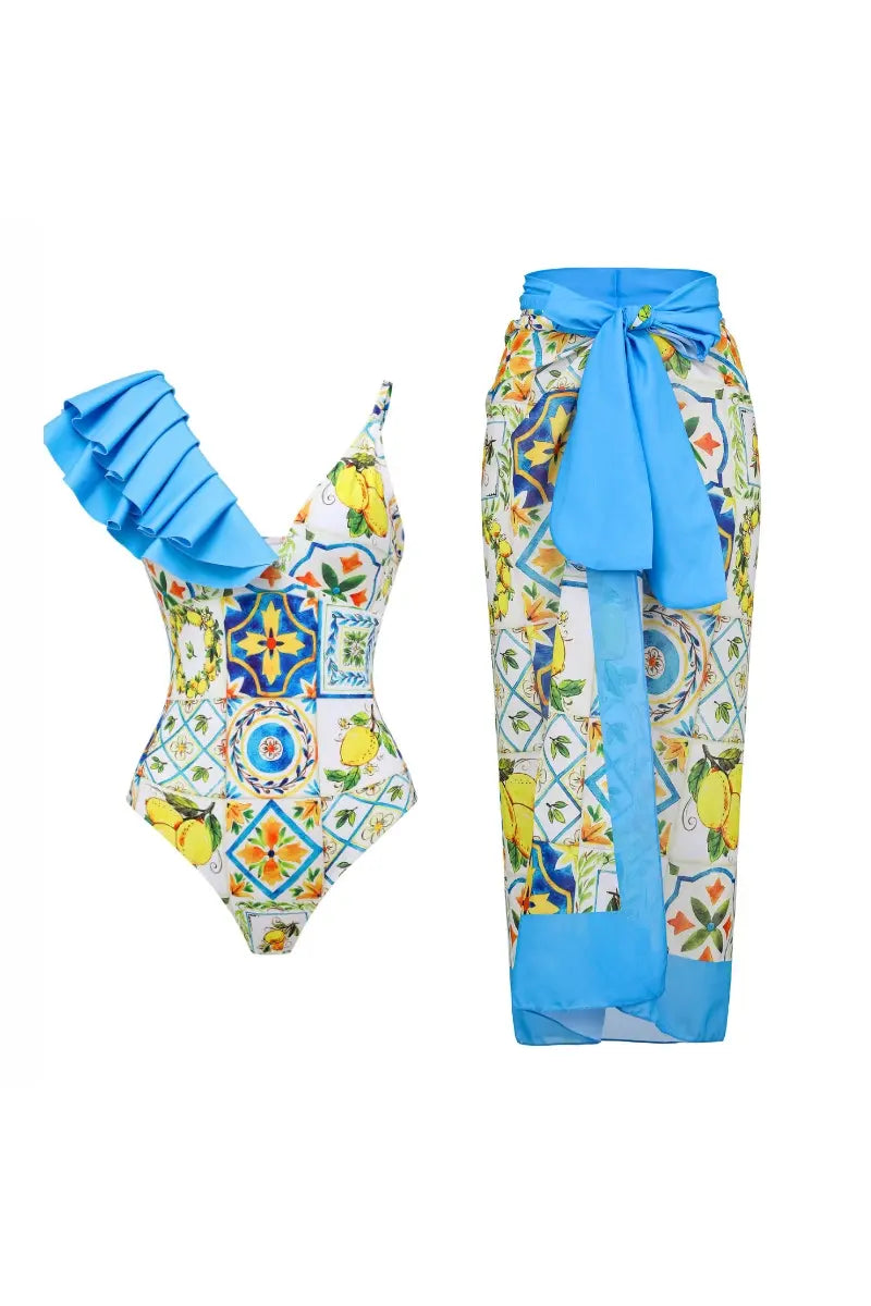 Lemon Print Backless One Piece Swimsuit Set-ROVOLE