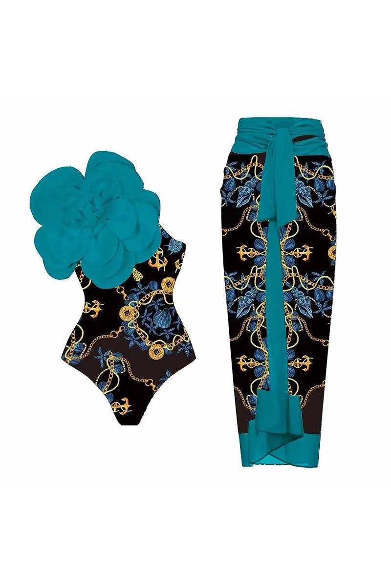 3D Blue Floral Print One-Piece Swimwears-ROVOLE