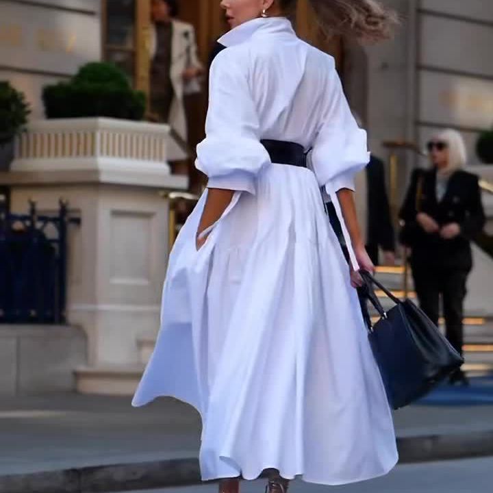 Fashion Pure White Lapel Belt Dress-ROVOLE