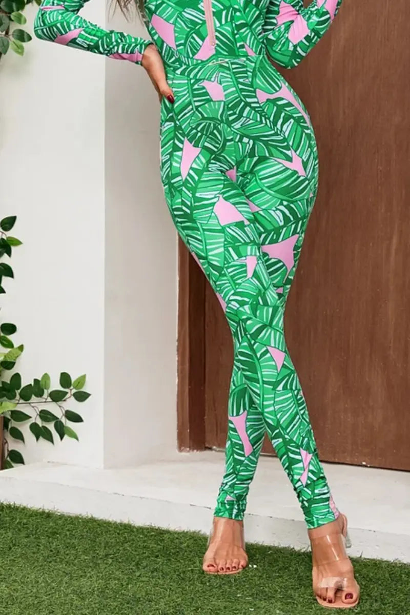 Green Zip Long Sleeve Printed Surf Swimsuit Set-ROVOLE