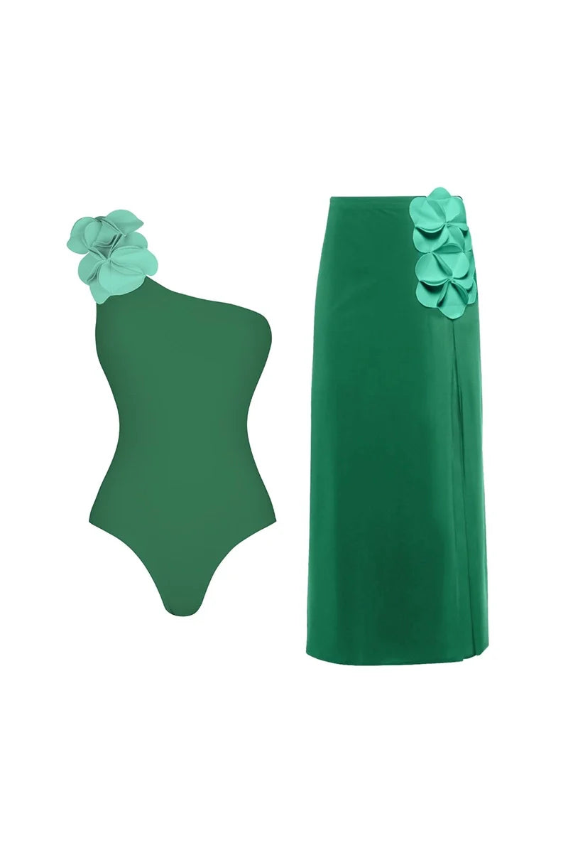 Green One-Shoulder 3D Floral Swimsuit-ROVOLE