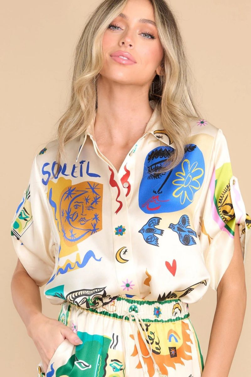 Oversized Ivory Print Shirt Pants Set-ROVOLE