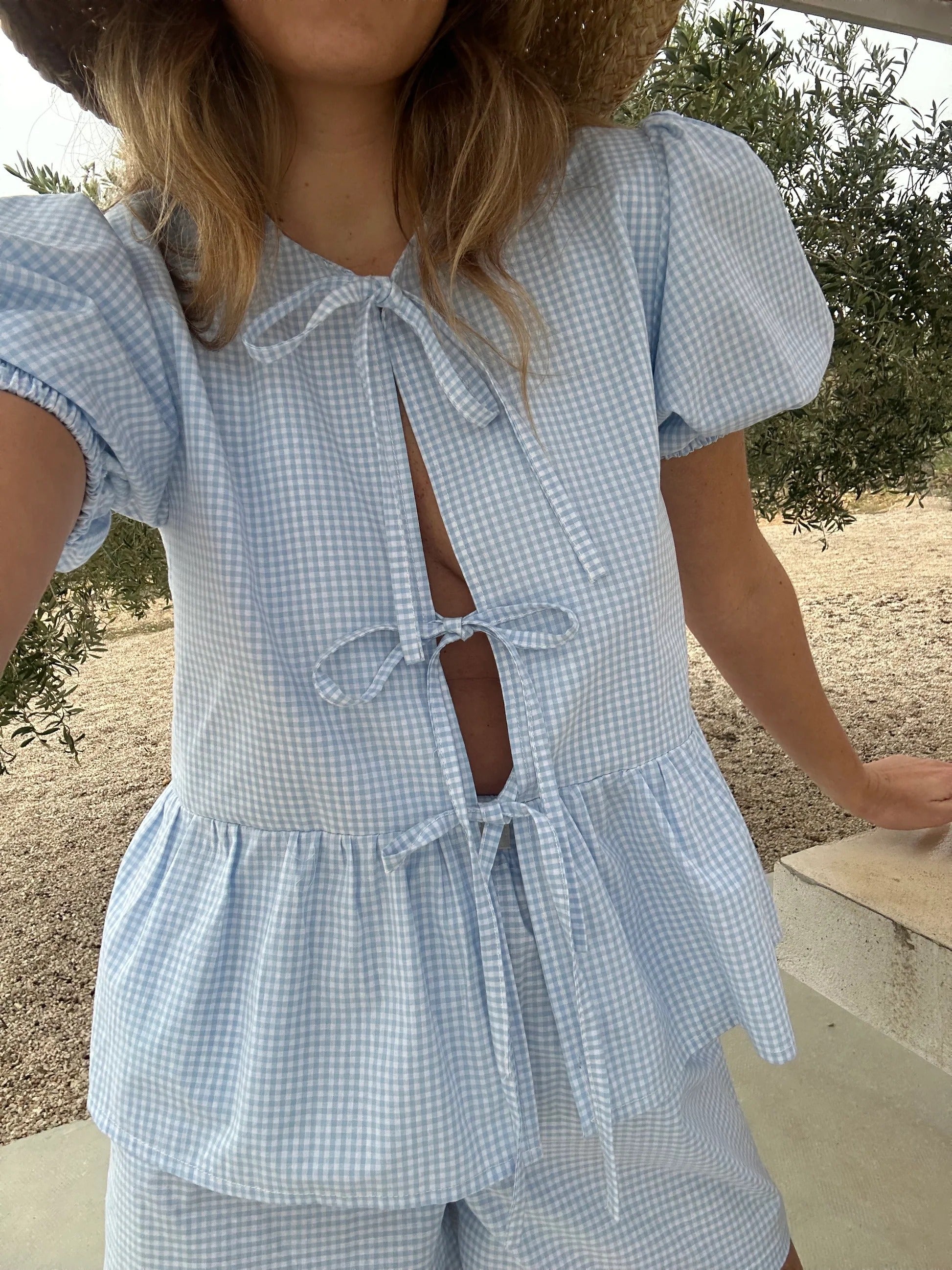 Tie Front Cotton Peplum Blouse Shorts-Massicos