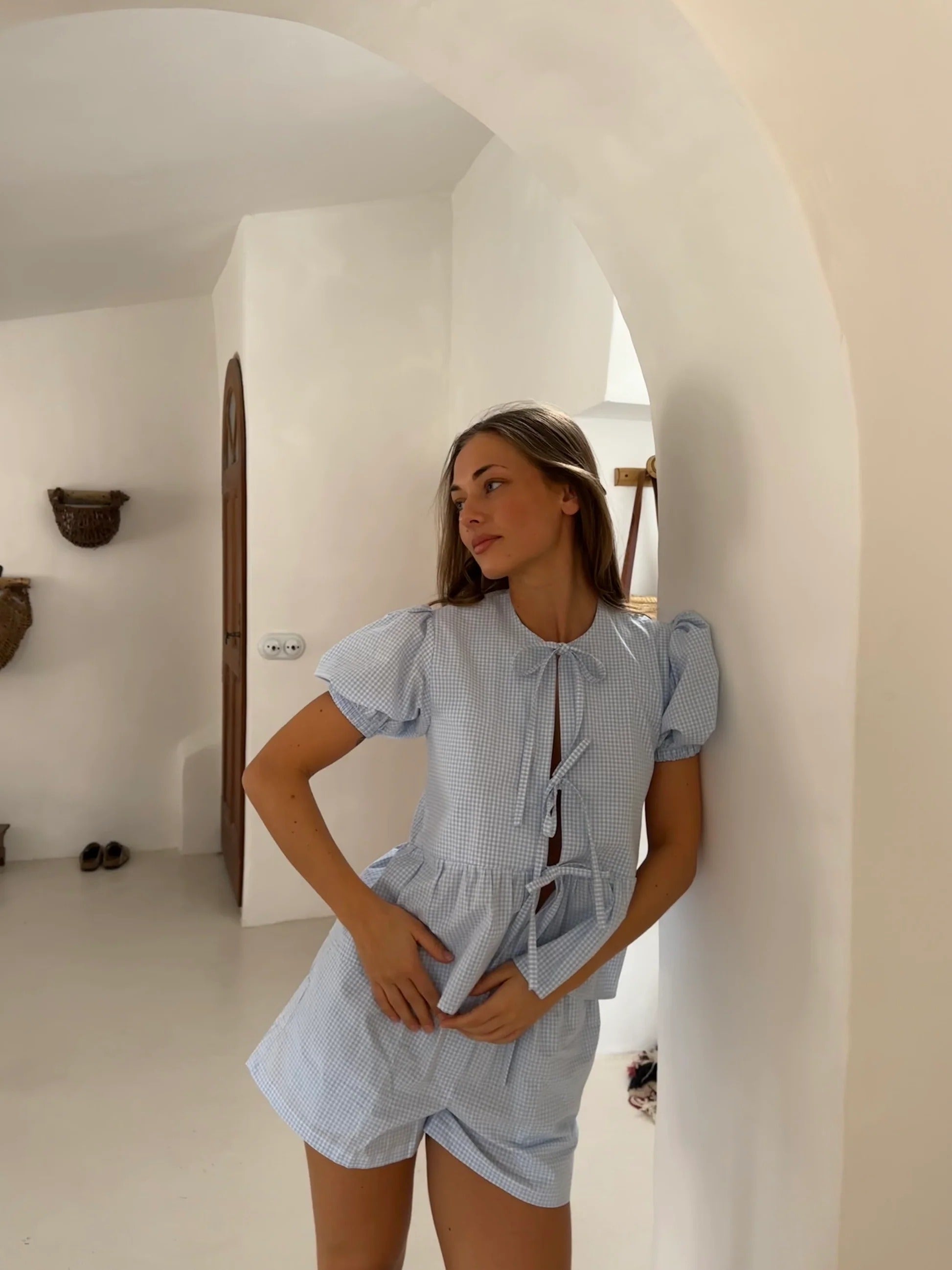 Tie Front Cotton Peplum Blouse Shorts-Massicos