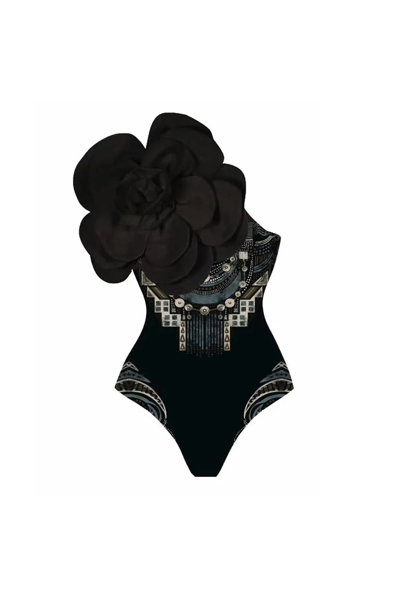 Floral Print One-Piece with 3D Black Flower-ROVOLE