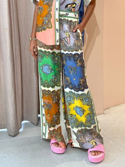 Paisley Satin Floral Wide-leg Pants-Massicos