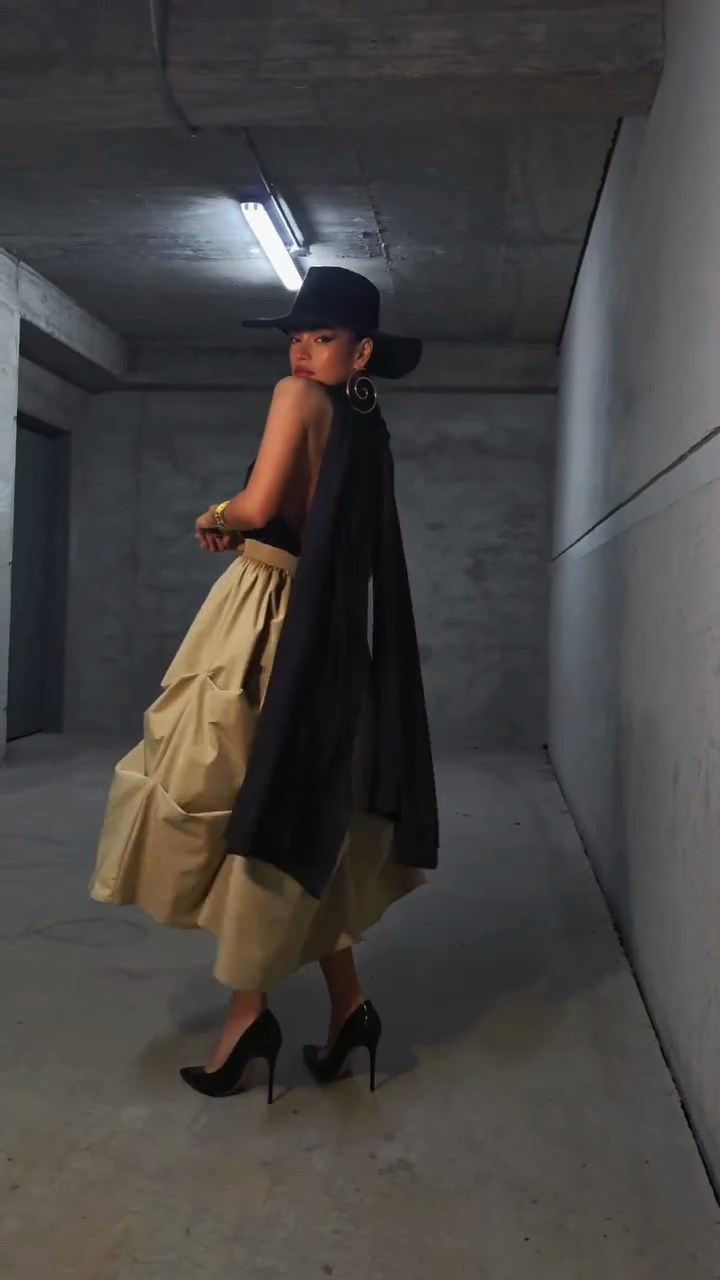 Black Satin Top and Khaki Pleated Midi Skirt Set-ROVOLE