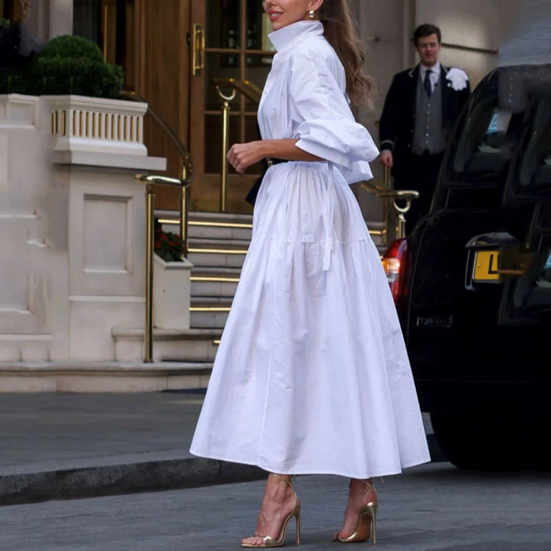 Fashion Pure White Lapel Belt Dress-ROVOLE