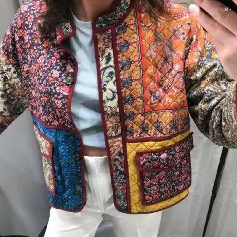 Ethnic Style Pattern Print Multi-Color Quilted Jacket-Massicos