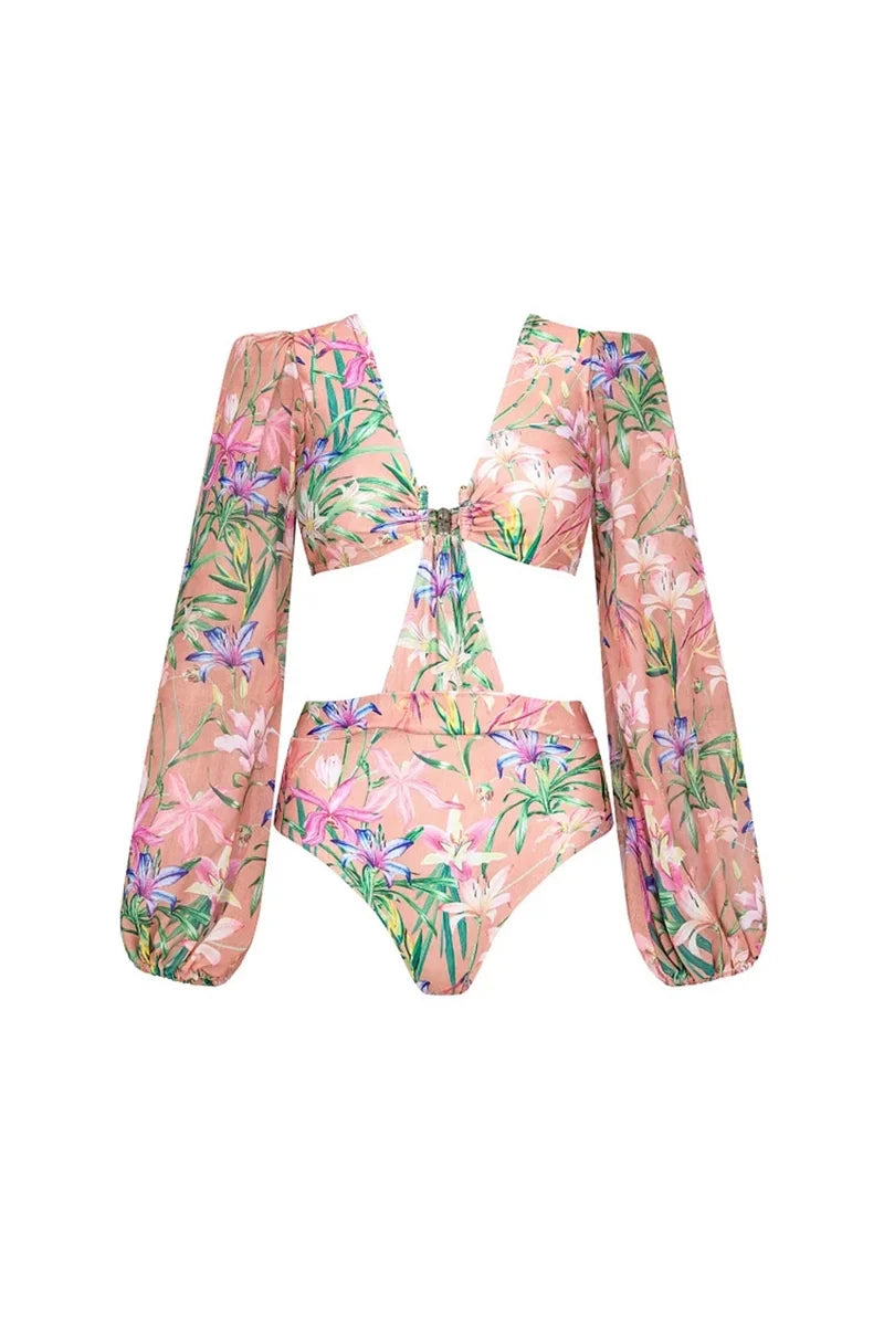 Mesh Patchwork Printed Long Sleeve Swimsuit-ROVOLE