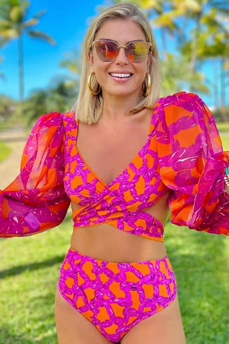 Long-Sleeve Tie-Up Printed Swimsuit Set-ROVOLE