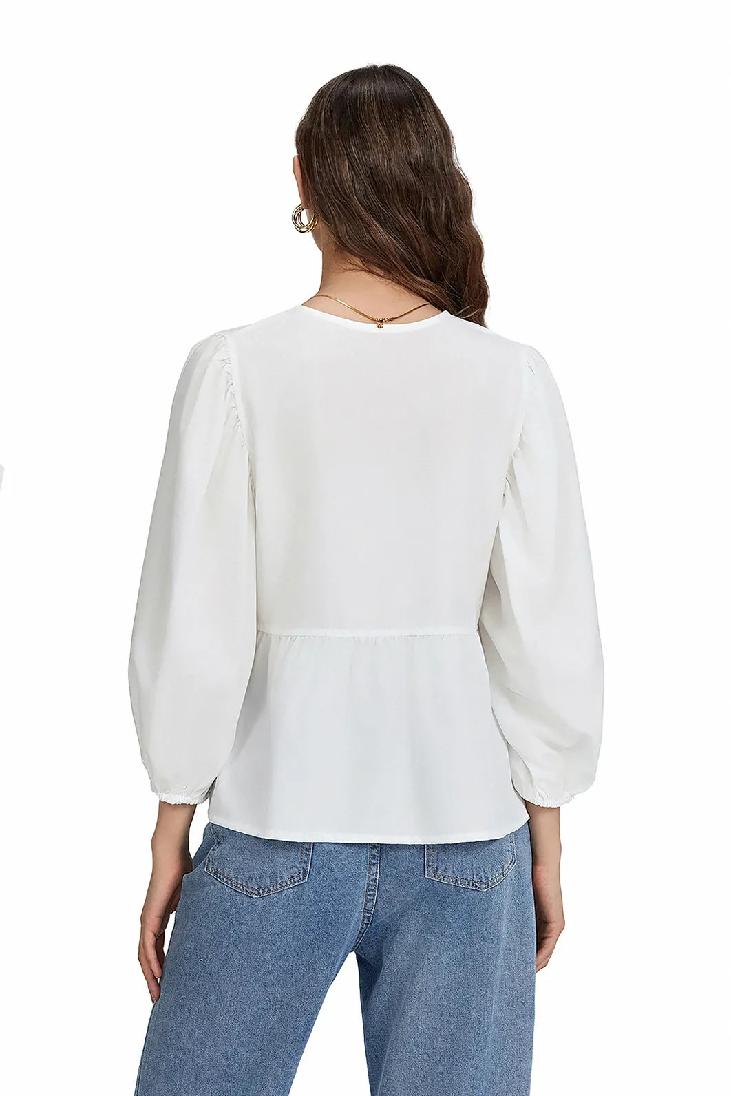 Puff Sleeve Peplum Bow Ties Blouse Top-ROVOLE