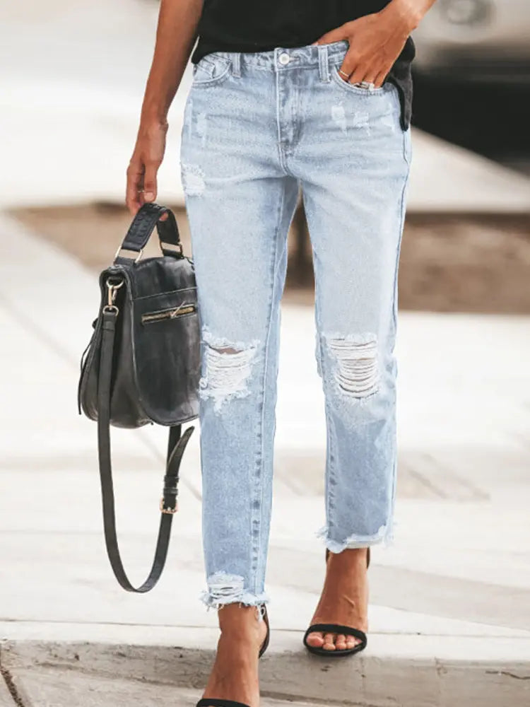 Trendy Distressed Denim Casual Pants-Massicos