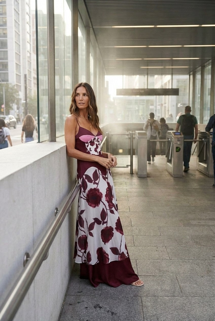 Floral Satin Slip Top & Flowing Maxi Skirt Set