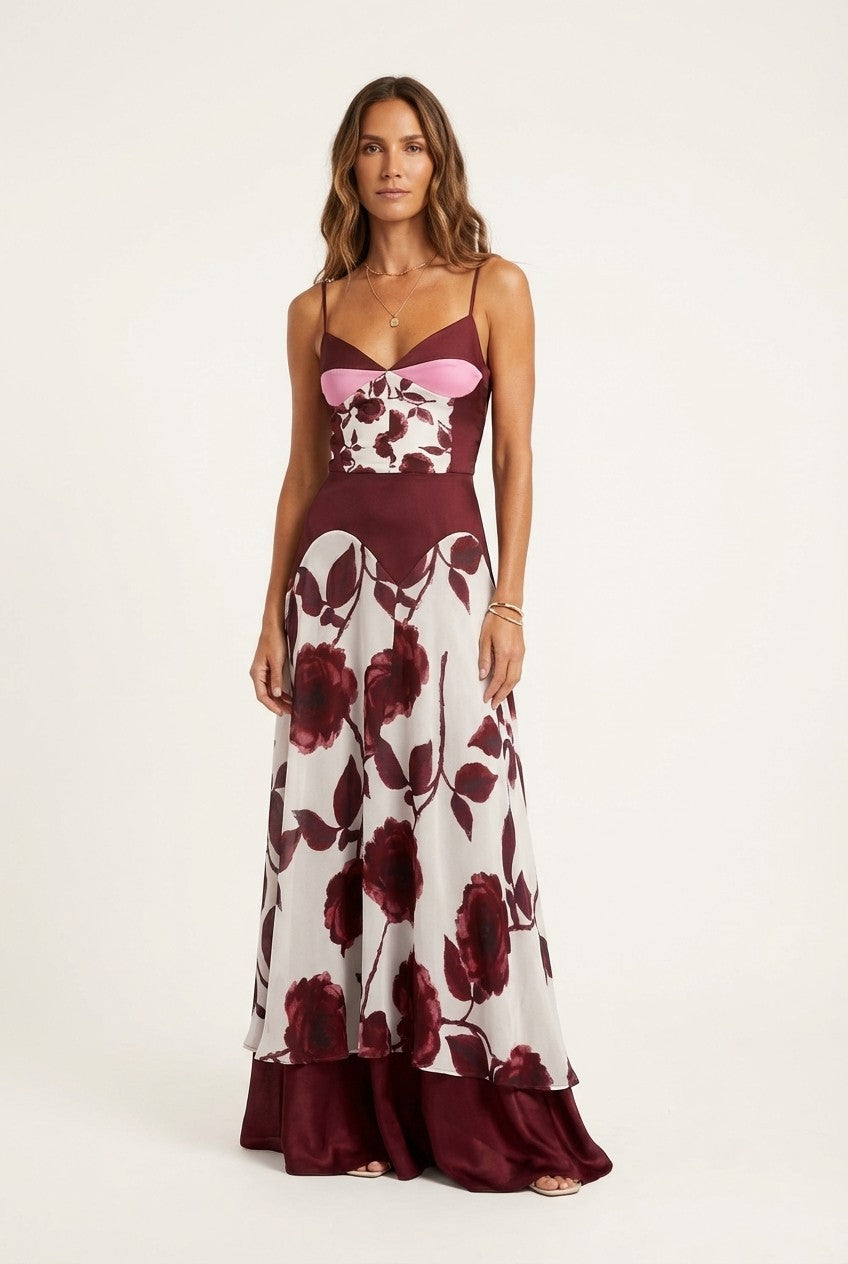 Floral Satin Slip Top & Flowing Maxi Skirt Set
