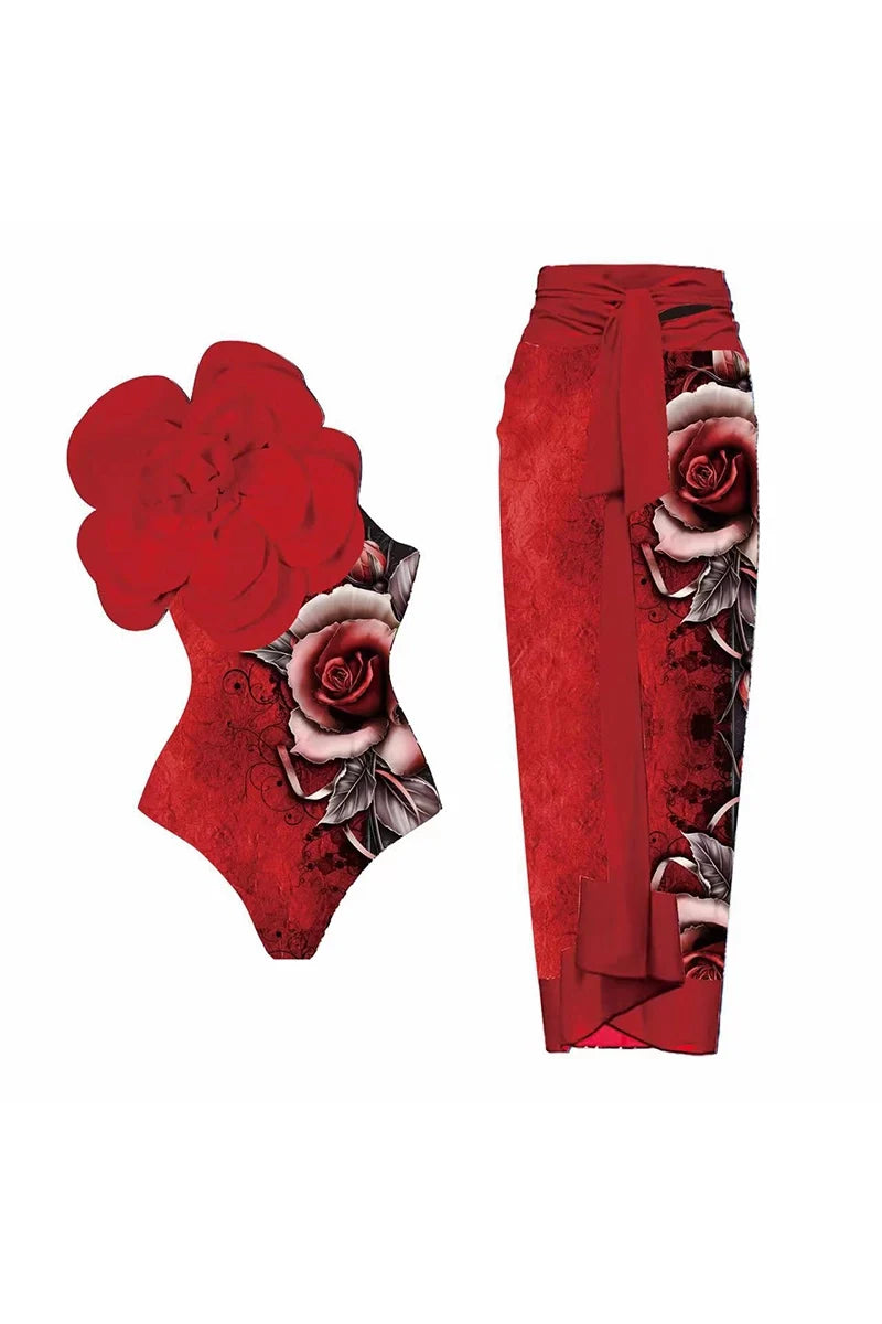 3D Red Floral Print One-Piece Swimsuit Set-ROVOLE