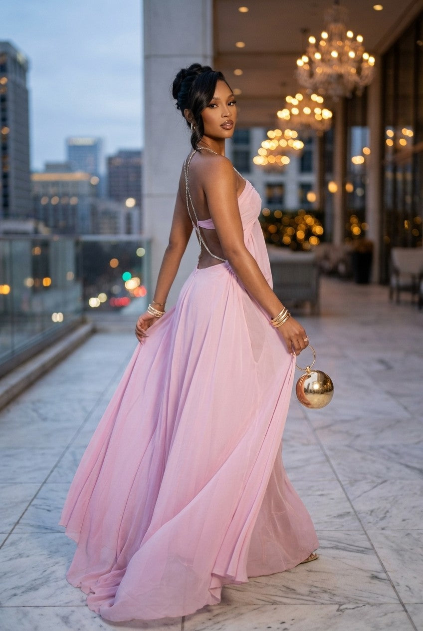 Rosé Éclat Crystal Halter Evening Gown