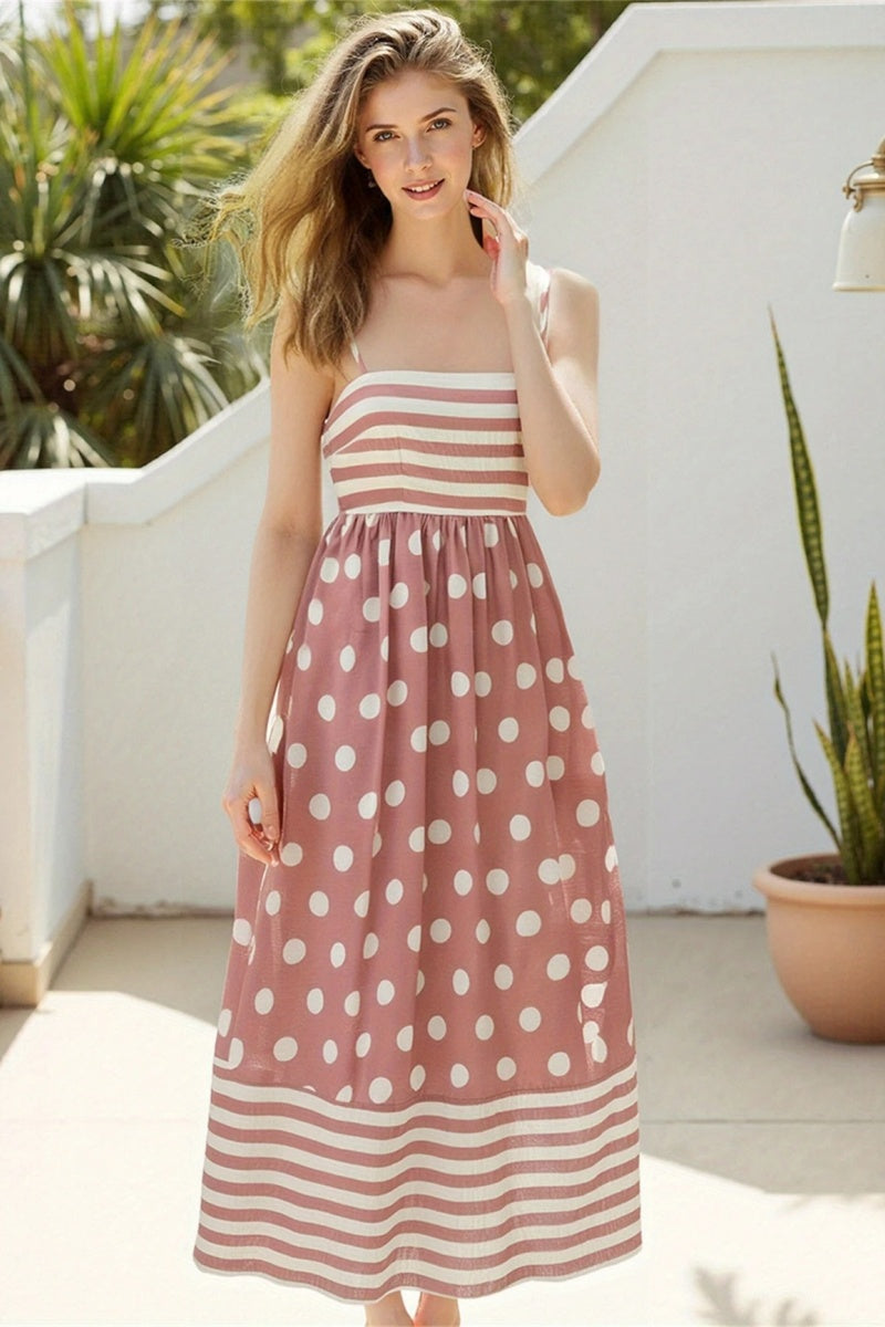 Polka Dot Square Neck Cami Midi  Dress-ROVOLE