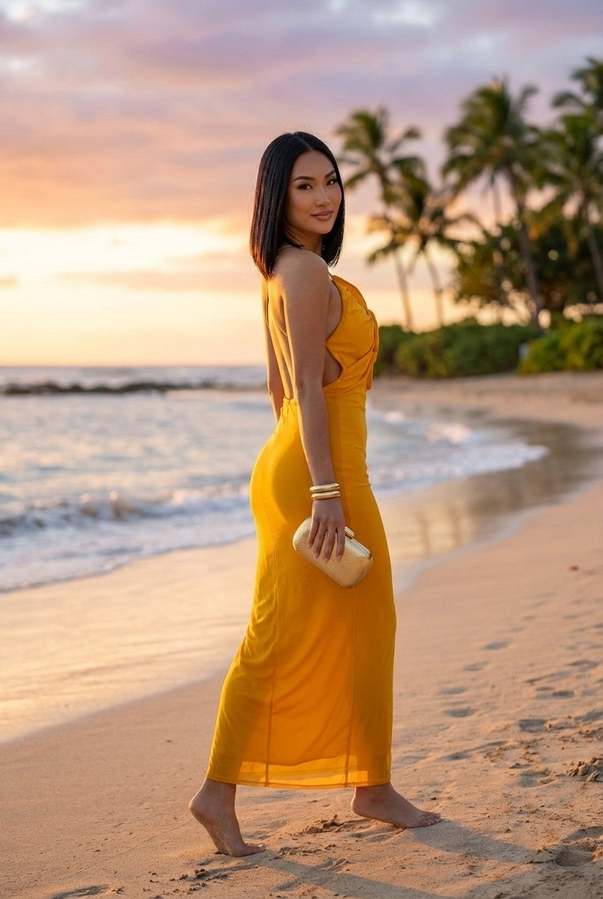 Women's Mustard Yellow Ruffled Cut-Out Maxi Dress Bodycon Evening Gown