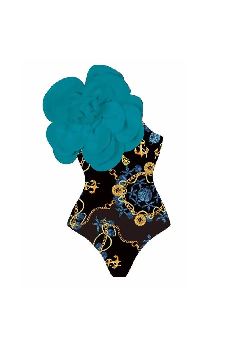 3D Blue Floral Print One-Piece Swimwears-ROVOLE
