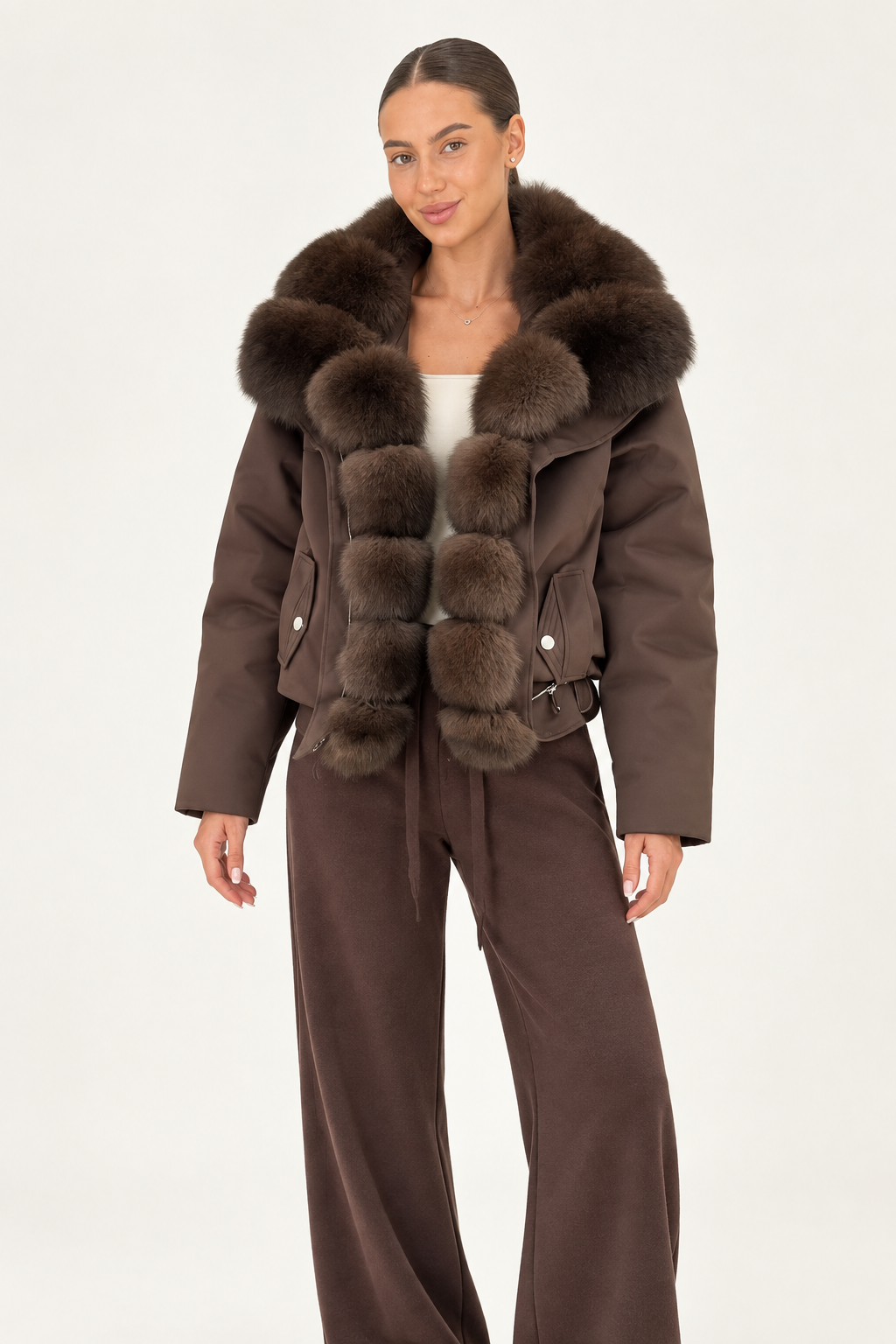 White Polished Fur-Trim Puffer Jacket