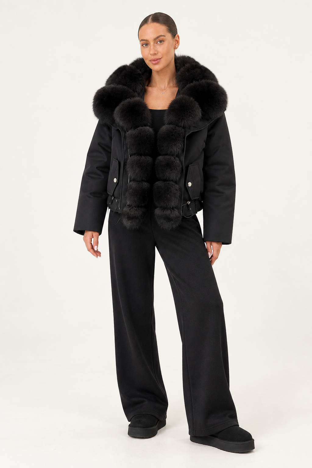 White Polished Fur-Trim Puffer Jacket