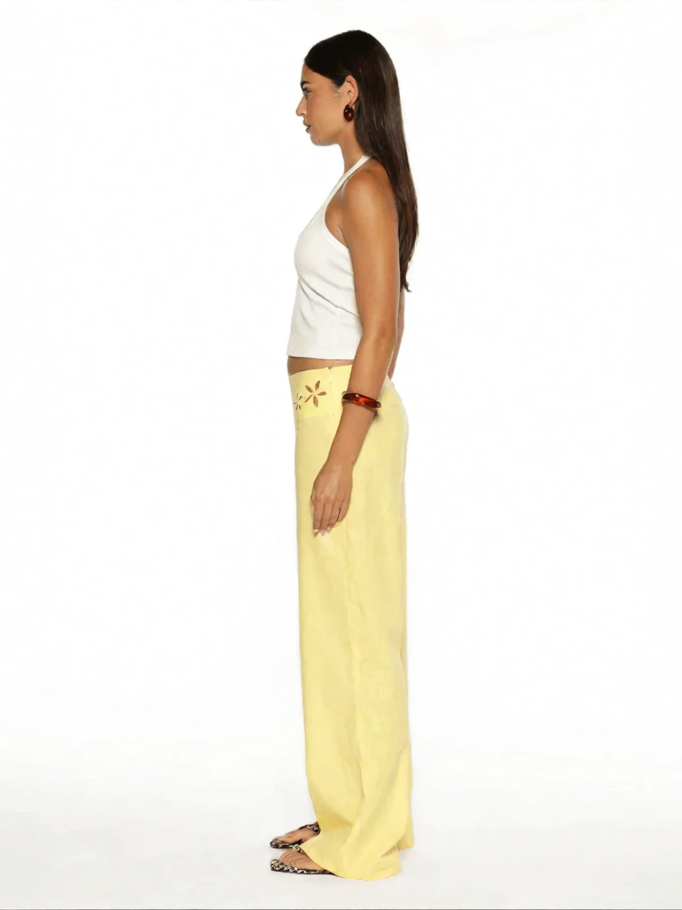 Yellow Floral Detail Wide-Leg Pants-Massicos