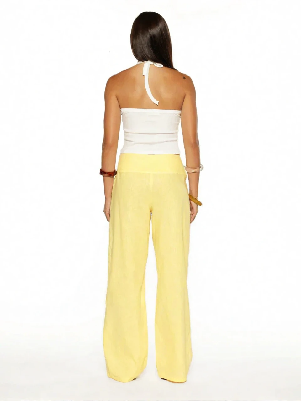Yellow Floral Detail Wide-Leg Pants-Massicos