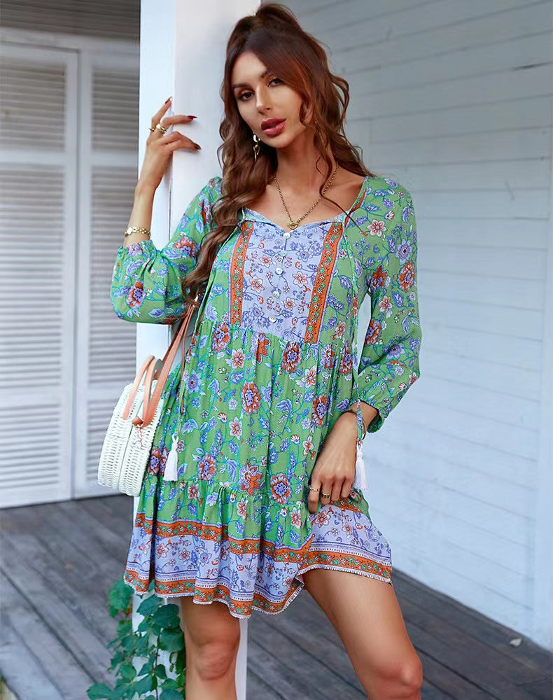 V-neck Printed Casual Bohemian Short Dress-Massicos