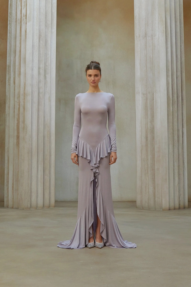 Xenia Purple Ruffle Detail Maxi Dress-ROVOLE