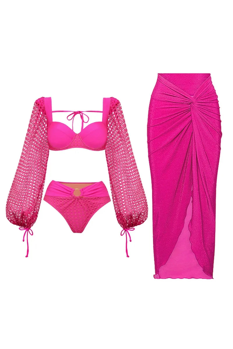 Fluorescent Pink Backless Swimsuit Set-ROVOLE
