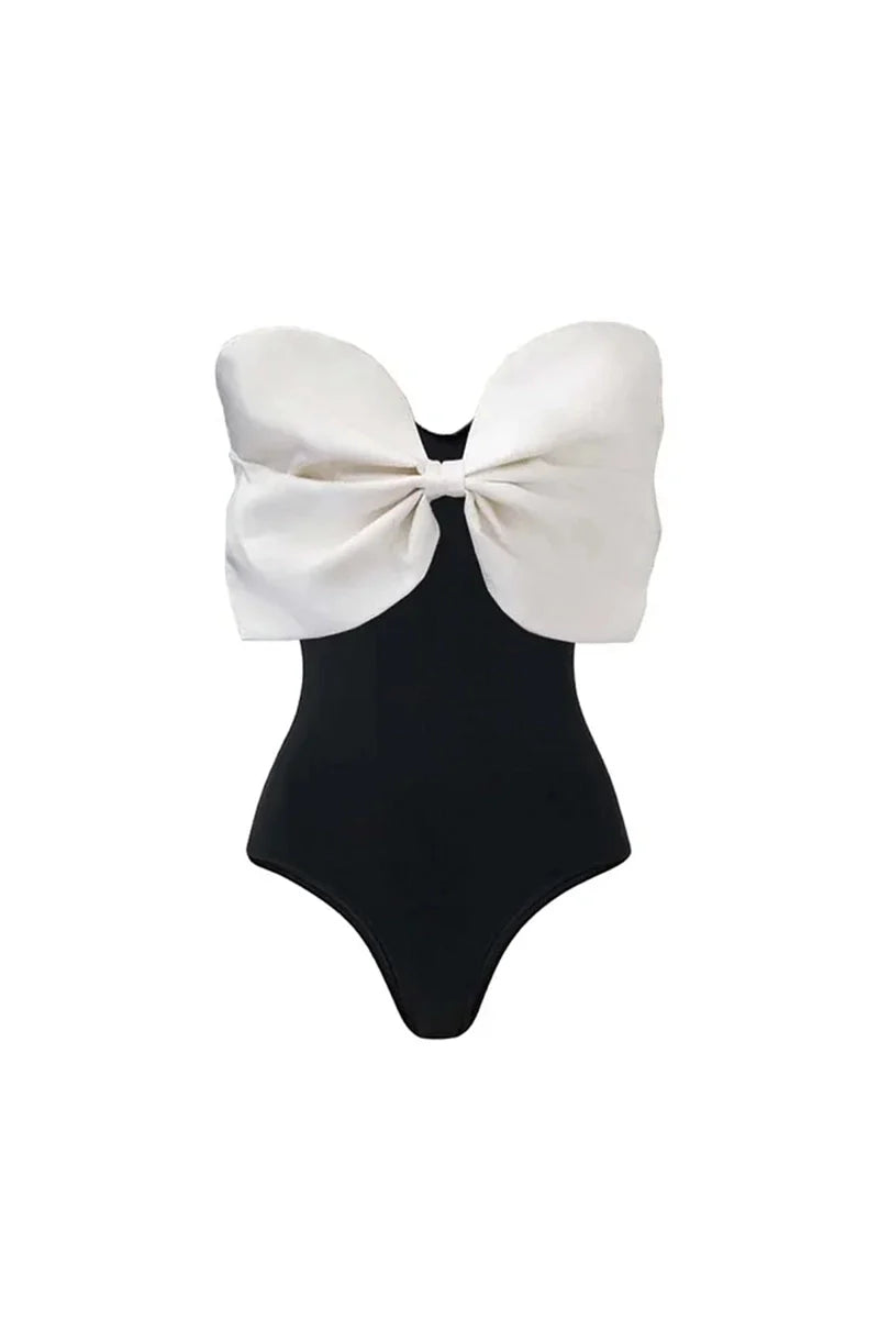 Black and White Bow One Piece Swimsuit Set-ROVOLE