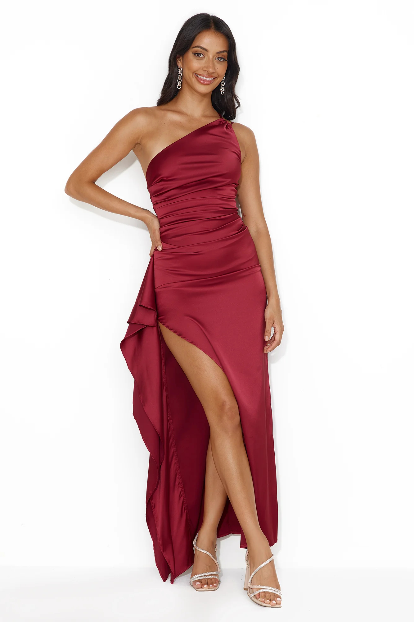 Extra Special One Shoulder Satin Maxi Dress Sage