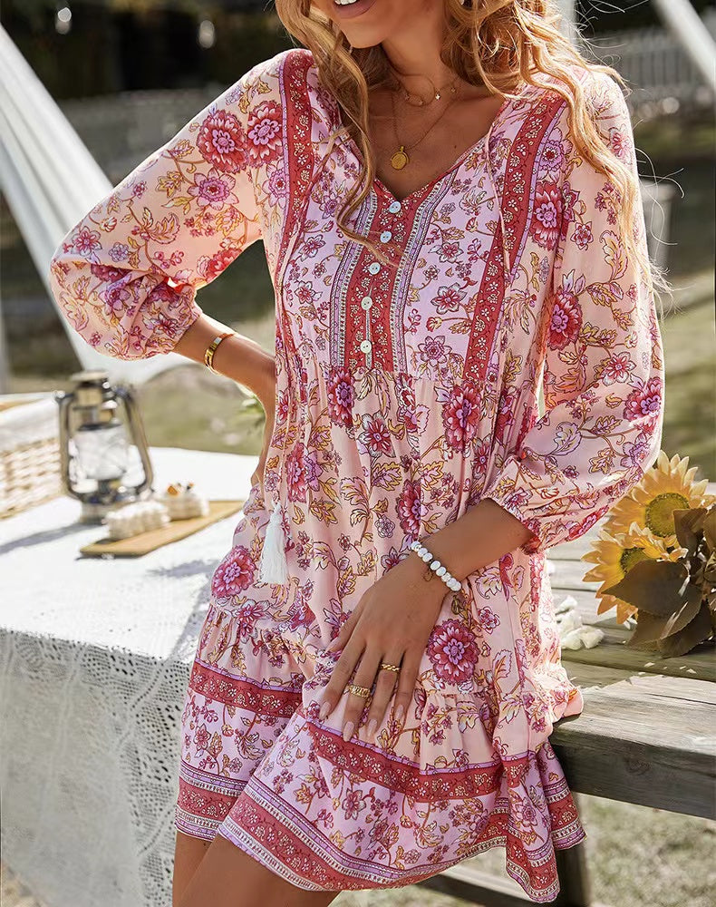 V-neck Printed Casual Bohemian Short Dress-Massicos